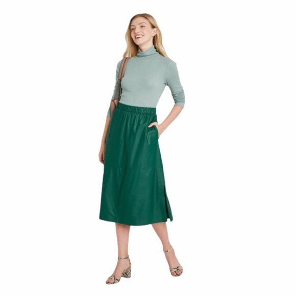a new day Dresses & Skirts - A NEW DAY Women's Green Faux Leather Trendy Contemporary A-Line Midi Skirt NWT